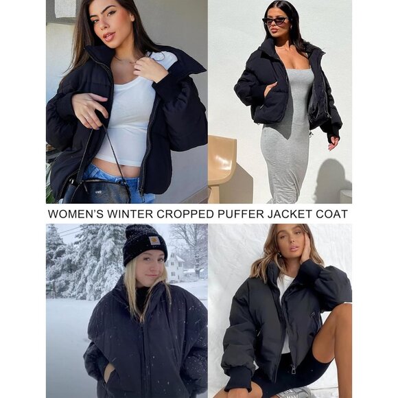 Women Cropped Puffer Jacket Coat Short Warm Quilted Outerwear with Pocket Black - Picture 6 of 7